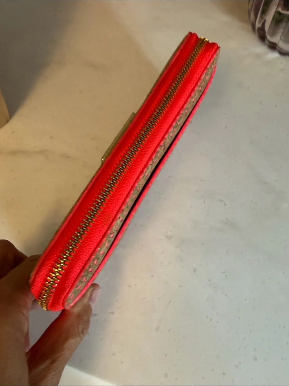 kate spade EUC Brown double face zipper Wallet with Coral Underlay and Trim